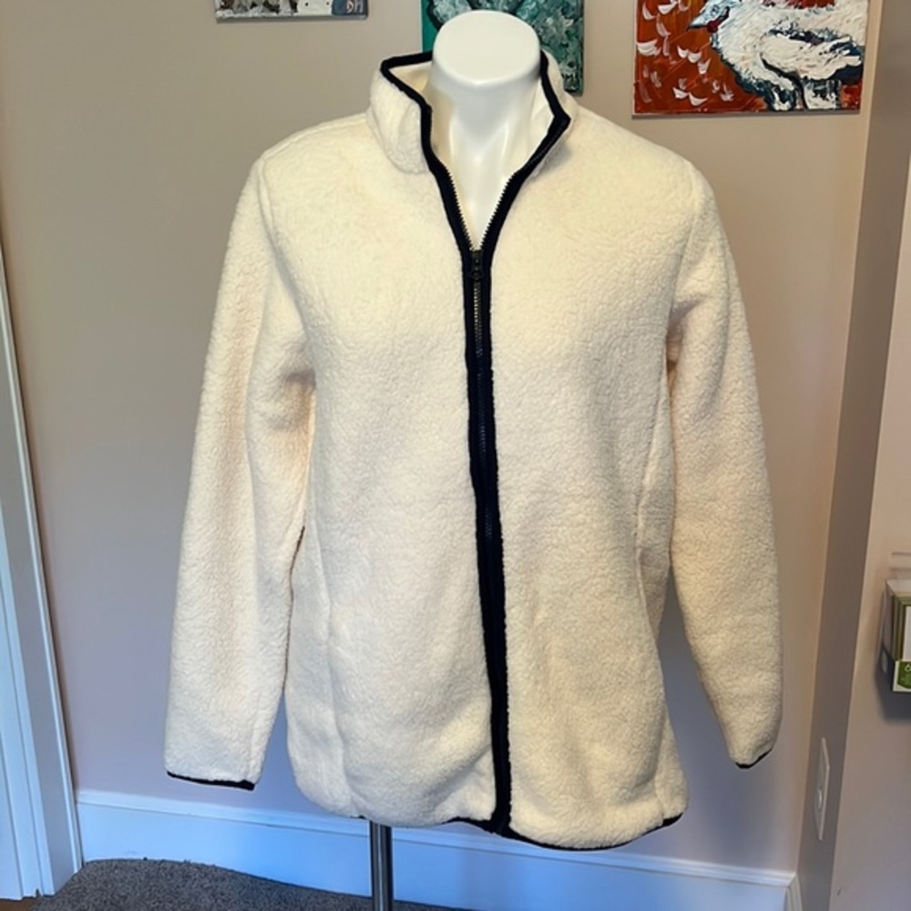 Lands' End Cream Sherpa Fleece Zip Jacket with Black Trim